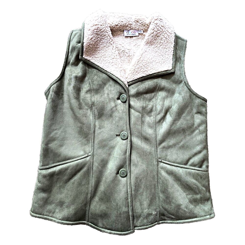Denim & Co Vest Womens S Sherpa Lined Button Front Pockets Green Faux Suede d&co